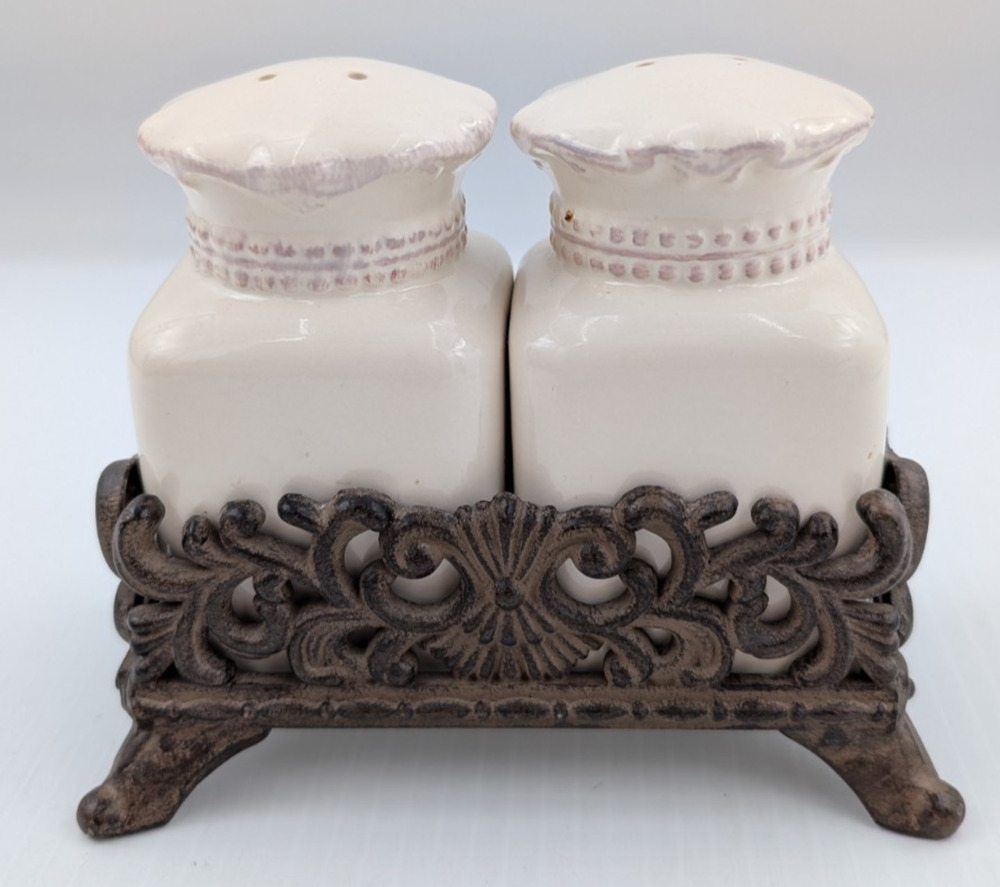 Chris Madden Foret Salt Pepper Shaker Set Metal Stand Embossed Stoneware JCPenny